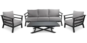 Aveiro 3 Seater with 2x Armchairs and Mykonos Adjustable Coffee Table in Gunmetal Grey with Stone Olefin Cushions