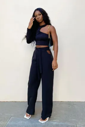 Black Waist Cut Out Wide Leg Trousers - Adela