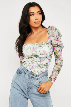 Blue Floral Puff Sleeve Bodysuit - Deana