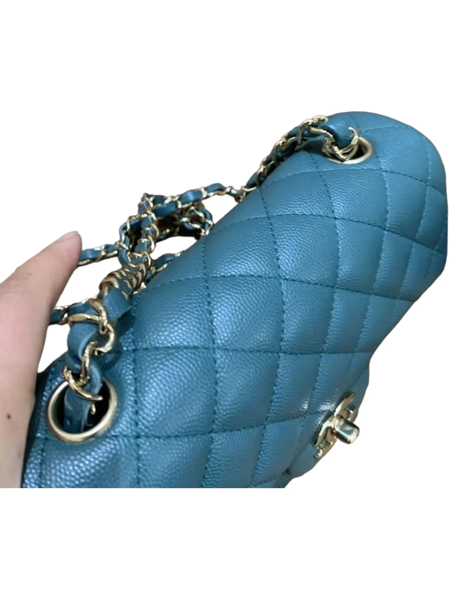 Chanel Mini Rectangle, 17B Dark Turquoise Green Caviar Leather with Shiny Gold Hardware