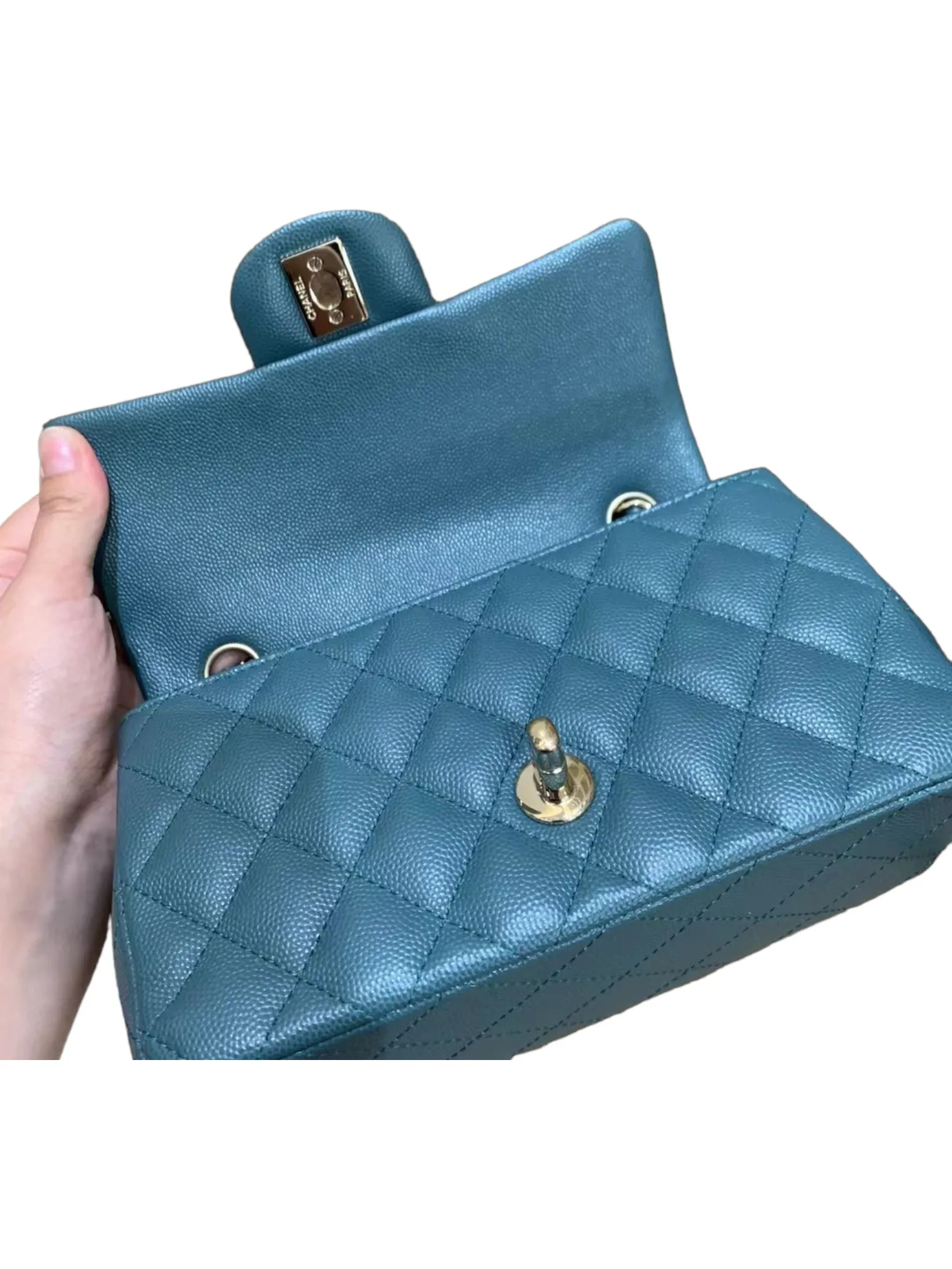 Chanel Mini Rectangle, 17B Dark Turquoise Green Caviar Leather with Shiny Gold Hardware