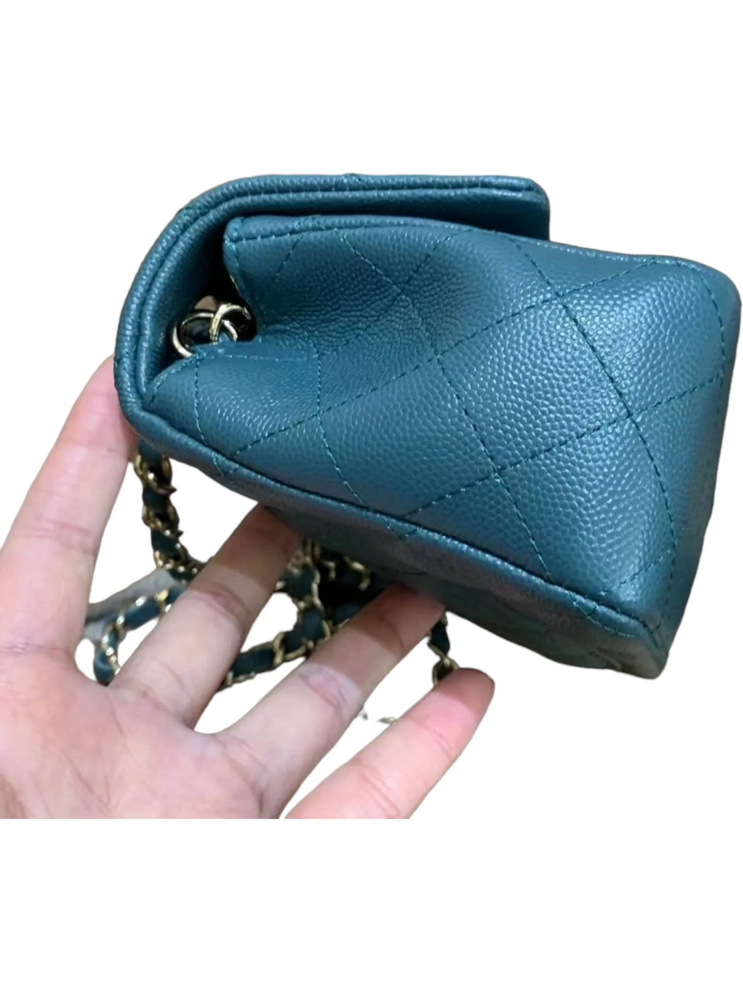 Chanel Mini Rectangle, 17B Dark Turquoise Green Caviar Leather with Shiny Gold Hardware