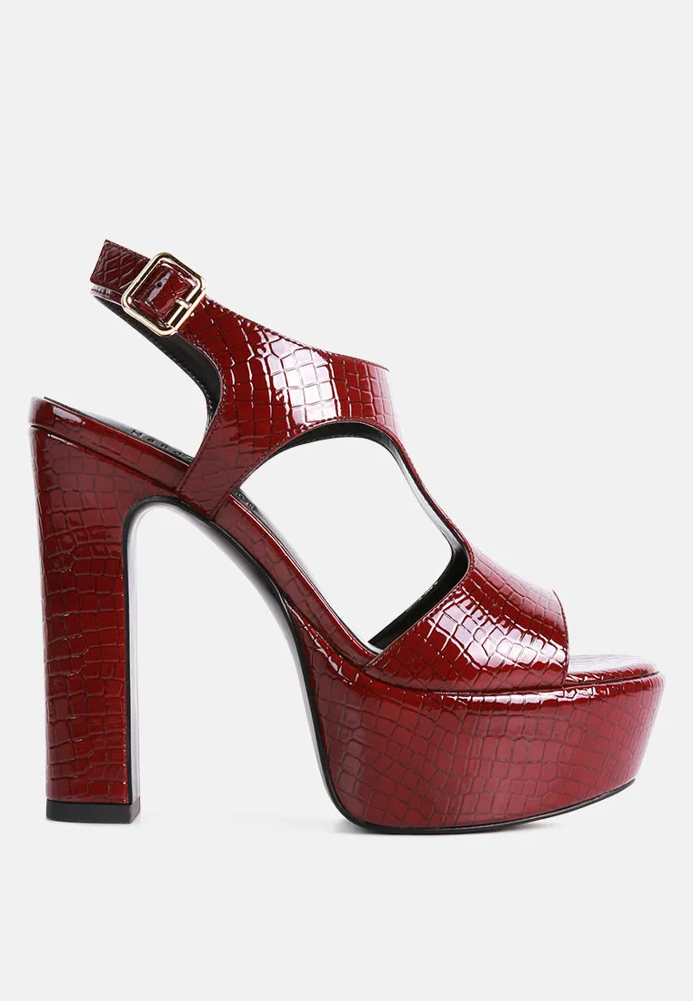 CROFT Croc High Heeled Cut Out Sandals in Burgundy