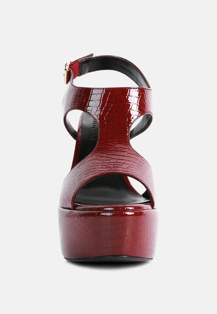 CROFT Croc High Heeled Cut Out Sandals in Burgundy