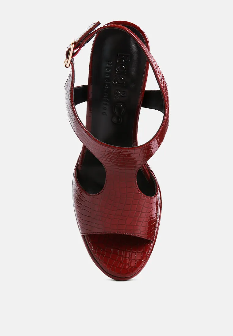 CROFT Croc High Heeled Cut Out Sandals in Burgundy