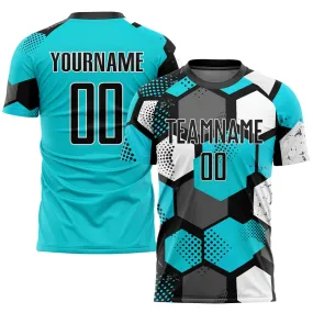 Custom Aqua Black-White Sublimation Soccer Uniform Jersey