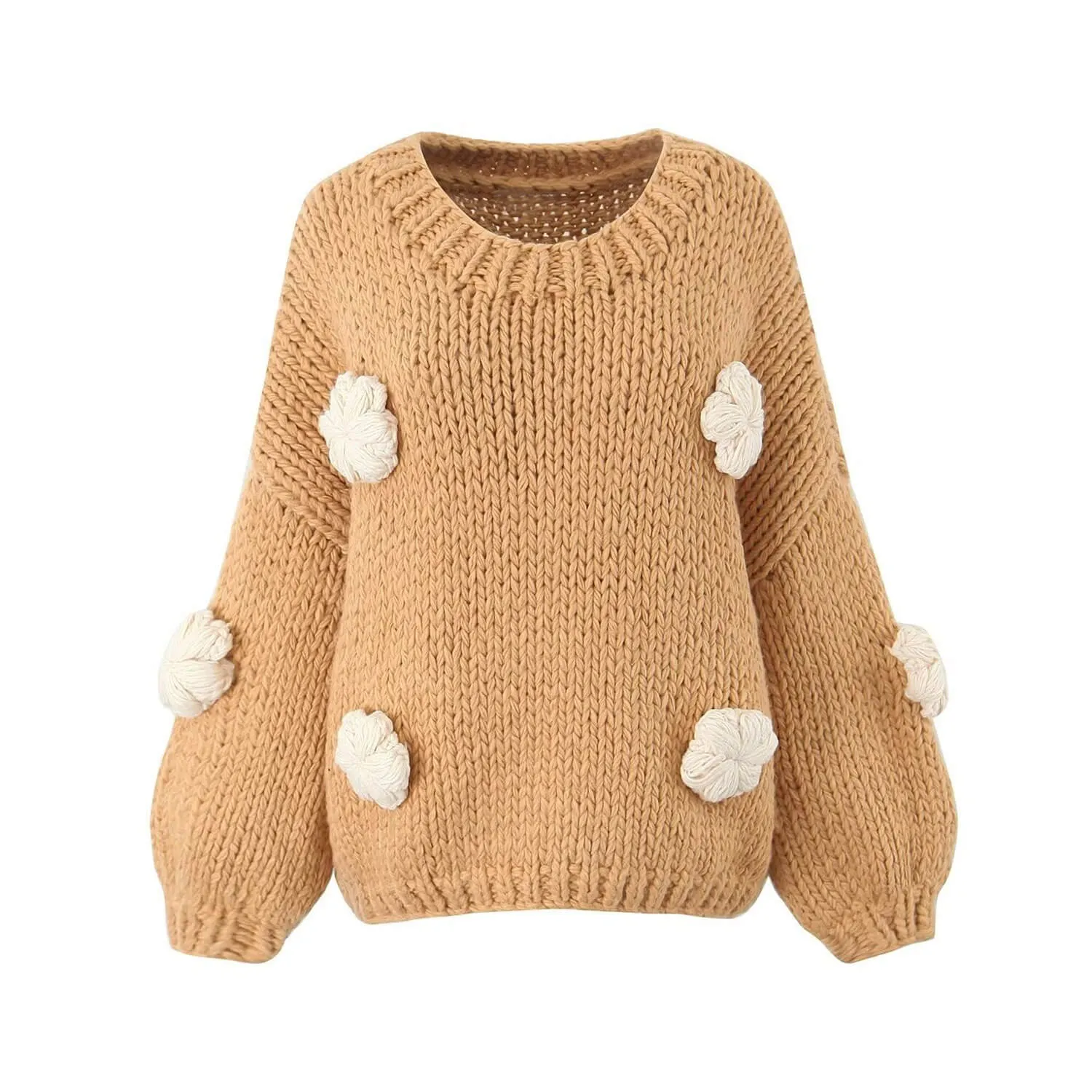 Cute 3D Flower Puff Sleeve Handmade Knit Chunky Yarn Oversized Pullover Sweater