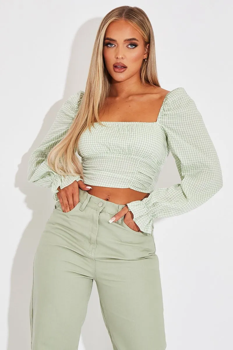 Green Gingham Square Neckline Crop Top - Amora