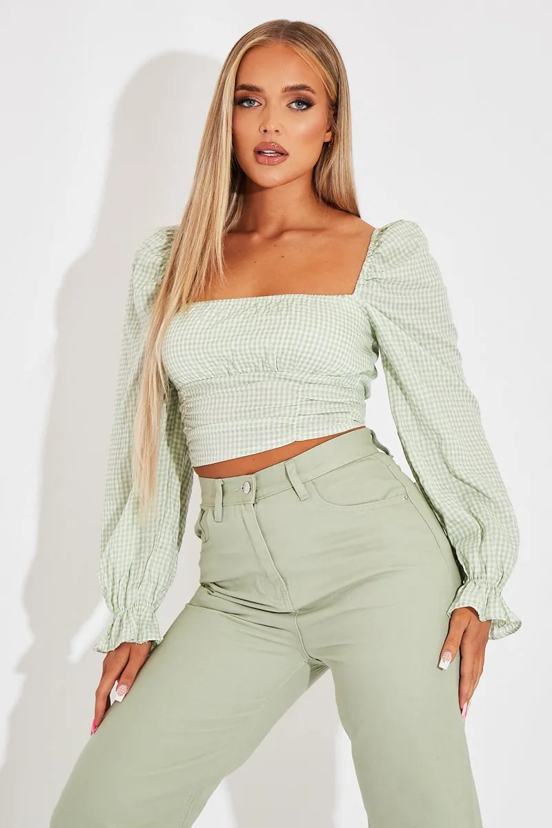 Green Gingham Square Neckline Crop Top - Amora