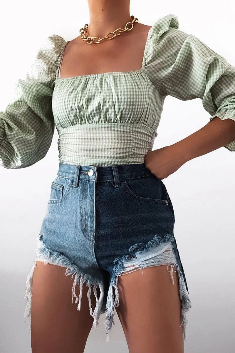 Green Gingham Square Neckline Crop Top - Amora