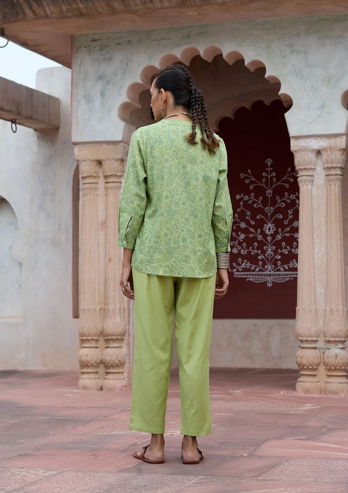 HOC Crafts Glazed Cotton Hand Block Printed with Hand Embroidery Women's 2 PC Co-ord Set - Green