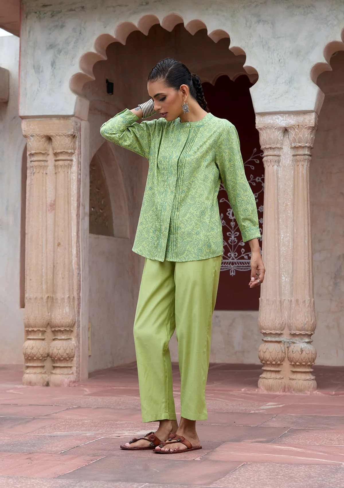 HOC Crafts Glazed Cotton Hand Block Printed with Hand Embroidery Women's 2 PC Co-ord Set - Green