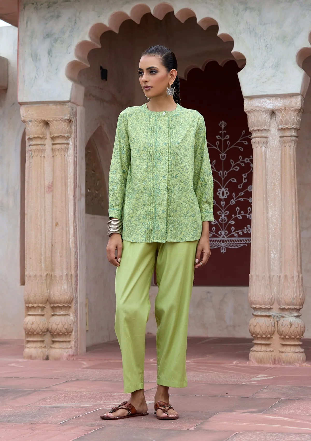 HOC Crafts Glazed Cotton Hand Block Printed with Hand Embroidery Women's 2 PC Co-ord Set - Green