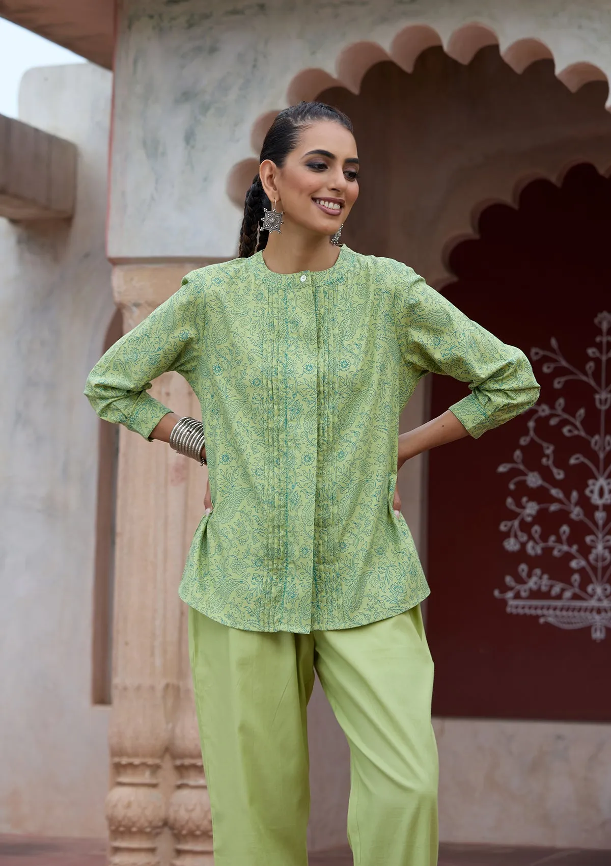 HOC Crafts Glazed Cotton Hand Block Printed with Hand Embroidery Women's 2 PC Co-ord Set - Green