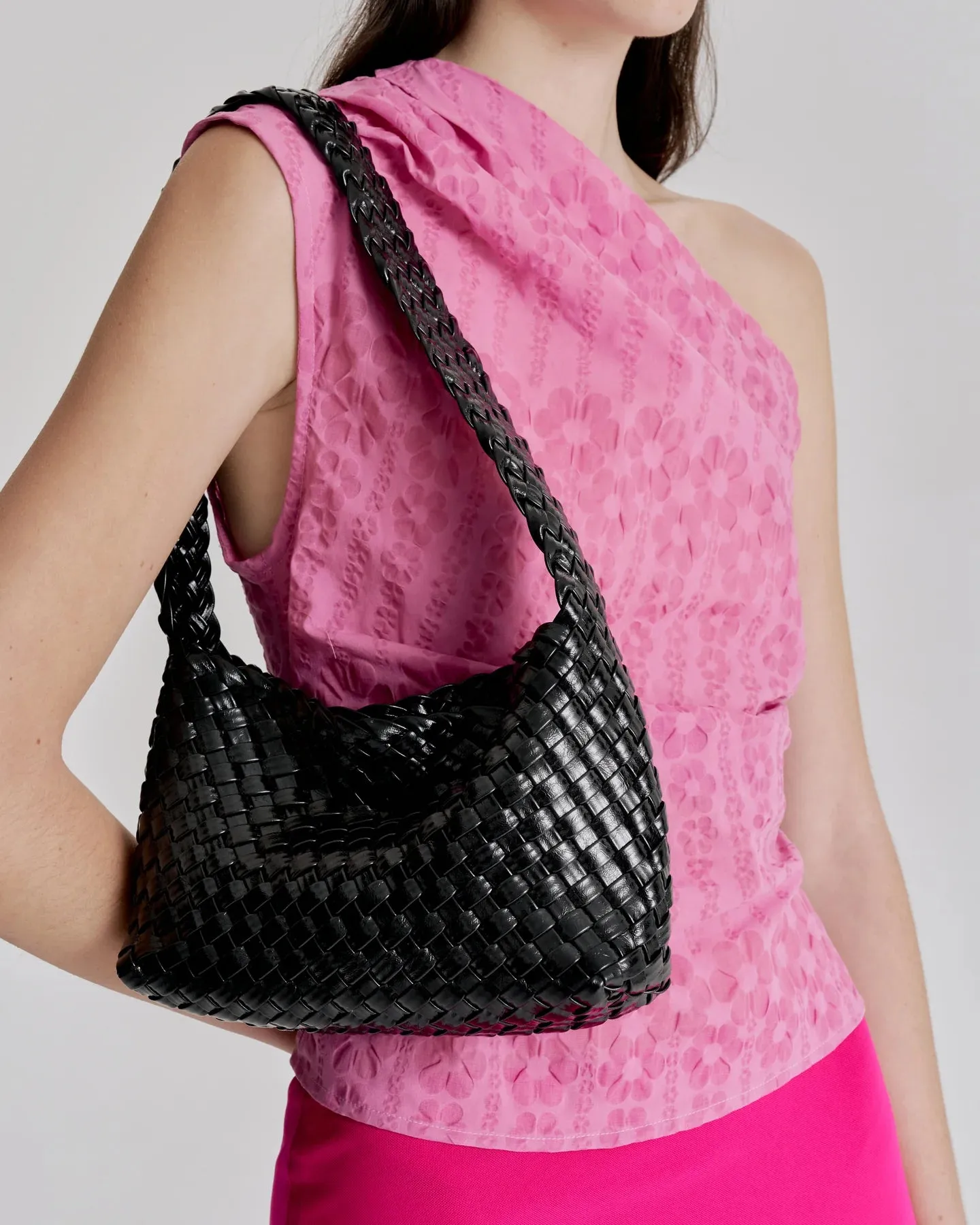 Luca Woven Shoulder Bag - Black Glossy Crinkle