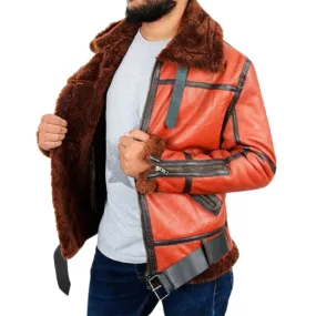 Men's Orange Leather Brown Shearling Aviator Jacket