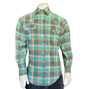 Men's Plush Flannel Green & Turquoise Plaid Western Shirt