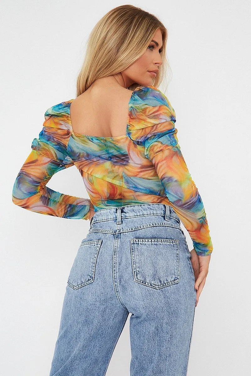 Multi Rainbow Puff Sleeve Bodysuit - Deana