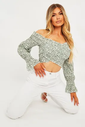 Sage Floral Shirred Bardot Crop Top - Harrlet