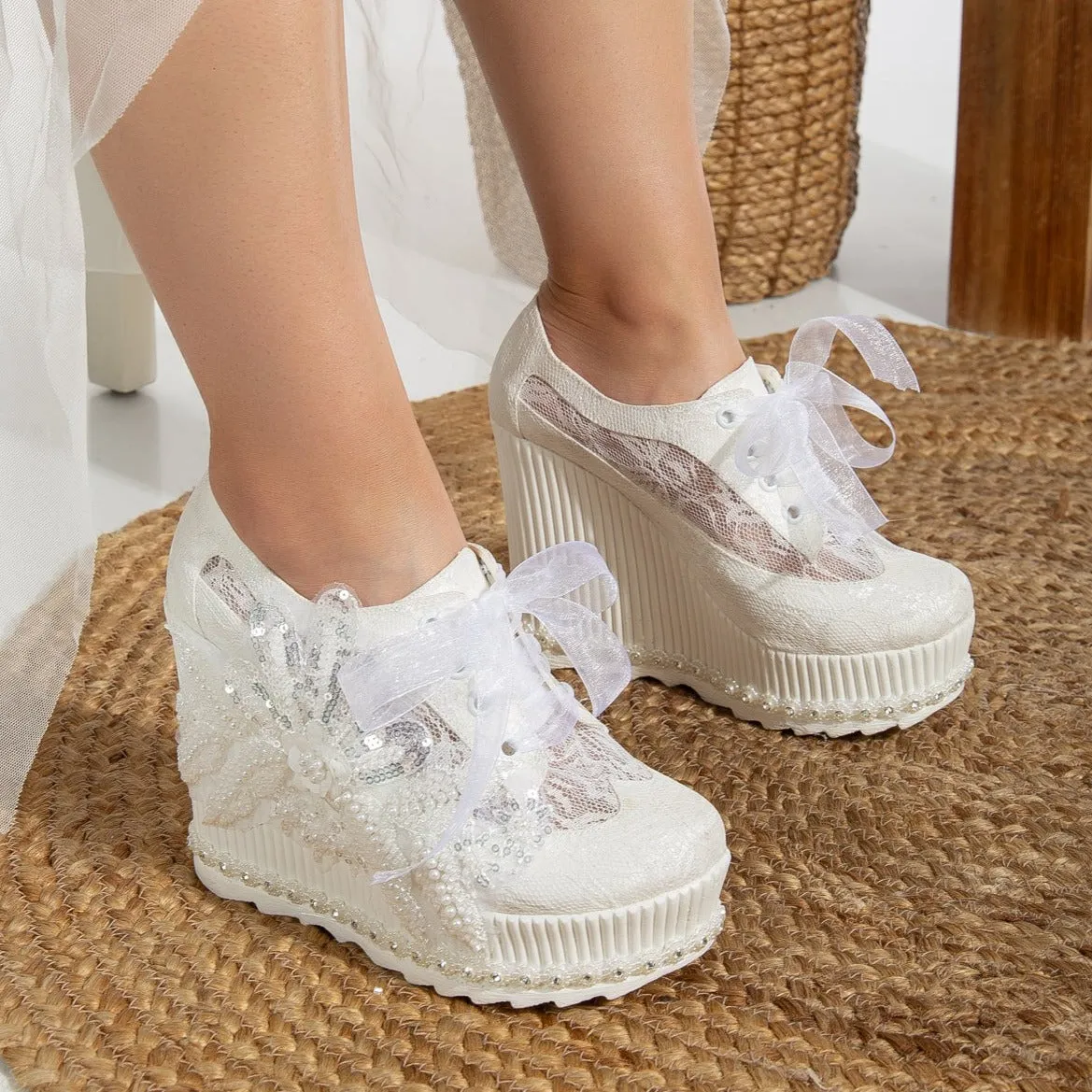 Sheri - Ivory Lace High Heel Wedding Sneakers