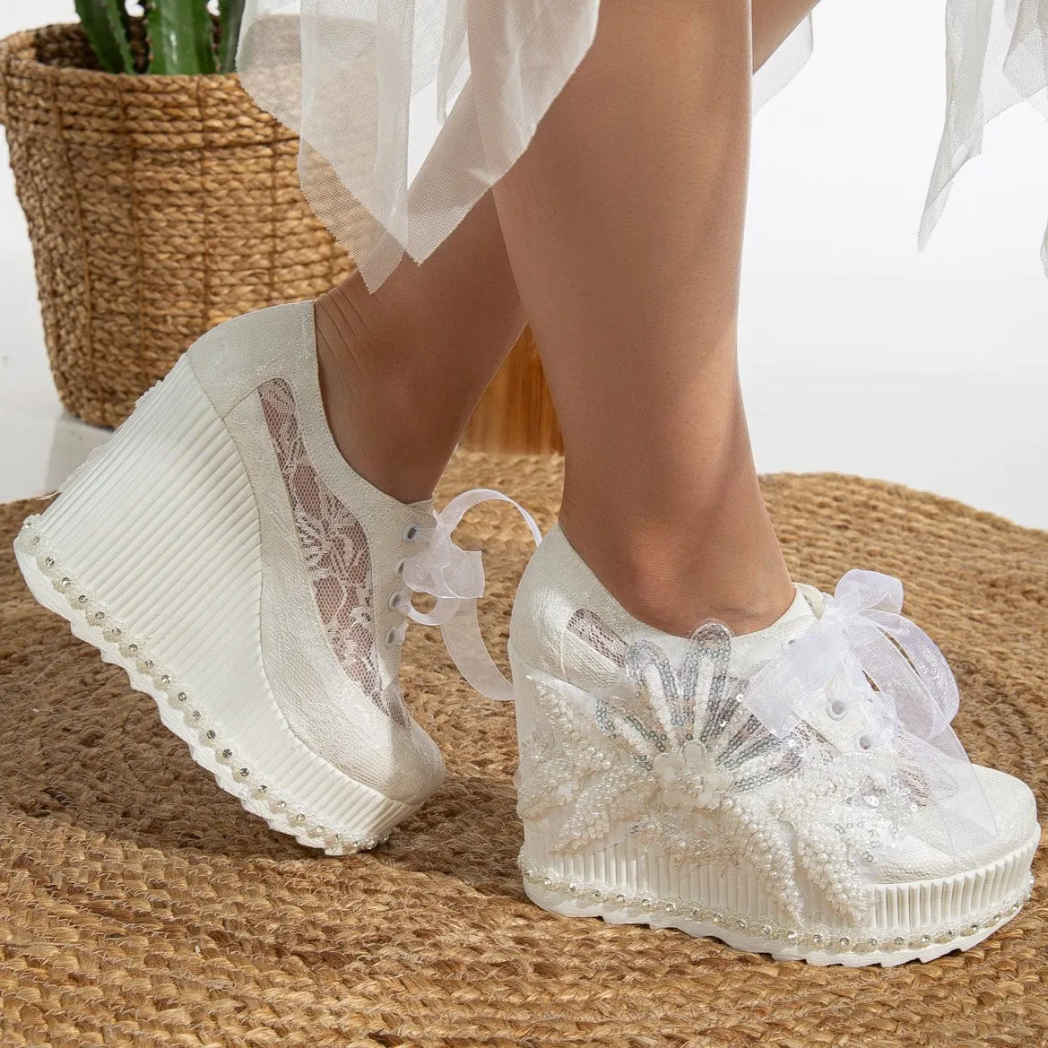 Sheri - Ivory Lace High Heel Wedding Sneakers