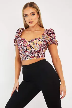 Wine Floral Puff Sleeve Crop Top - Ellorie